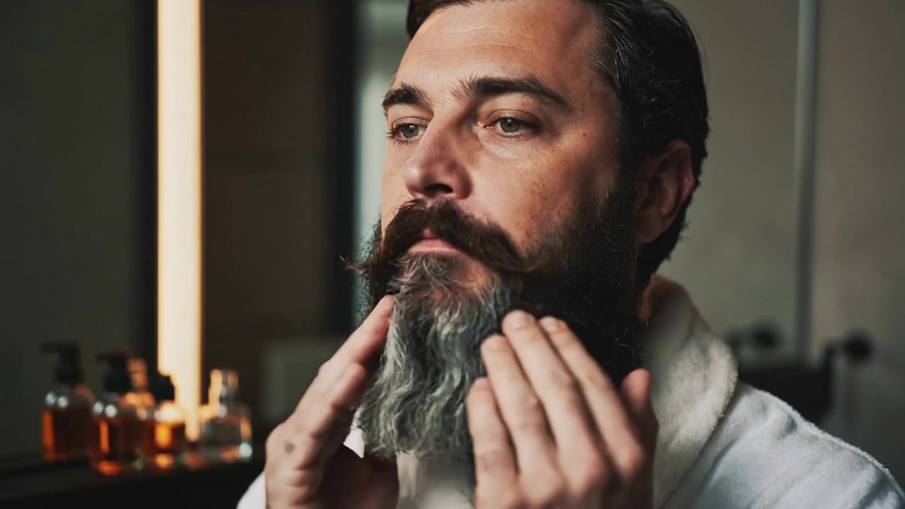 Pouring drops, man in robe rubbing oil into beard from amber bottle, grooming beard at vanity