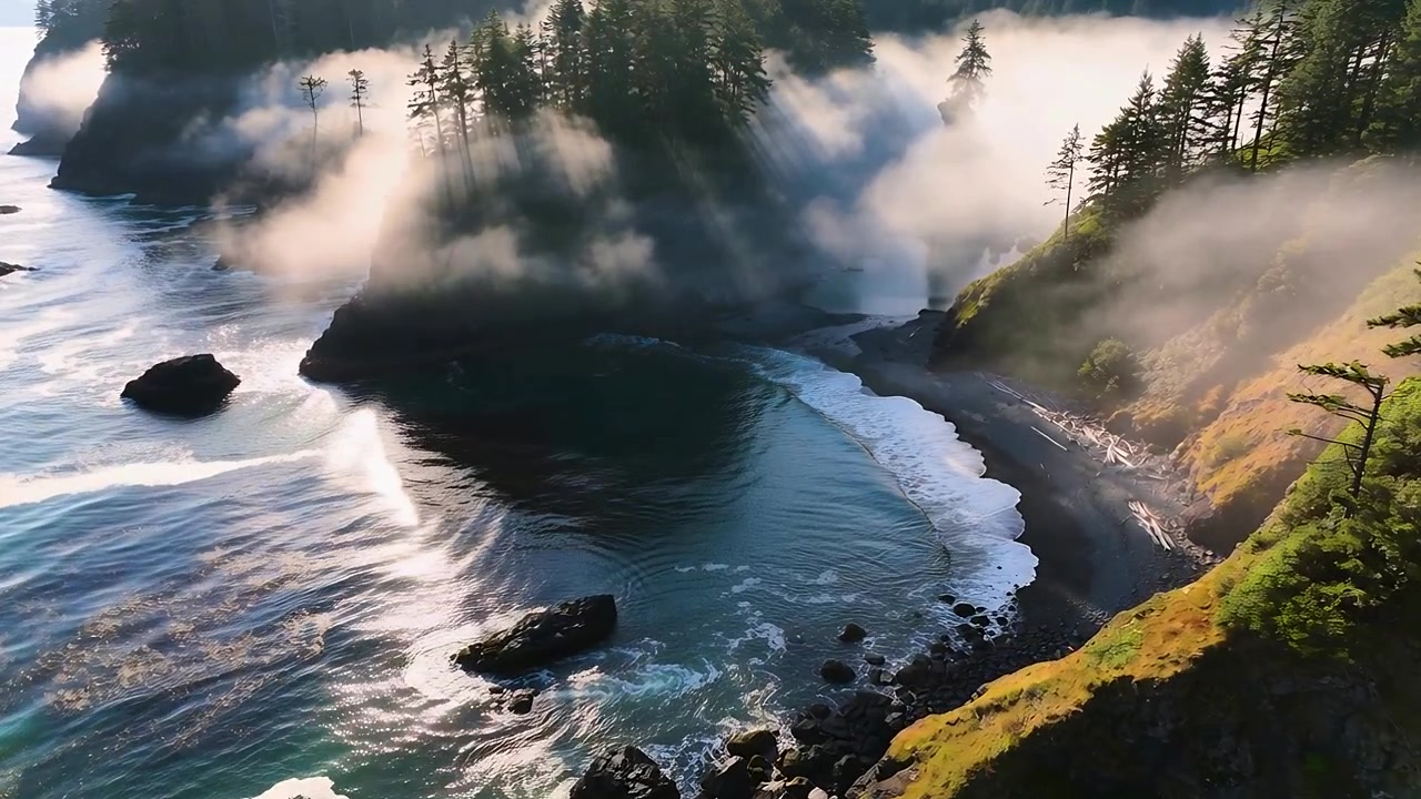 Panning drone approaching coastline, revealing rocky cove, mist drifting, waves curling, pine trees