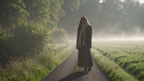 woman walking on a foggy country road at sunrise