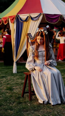 young girl in historical gown with harp at a festival