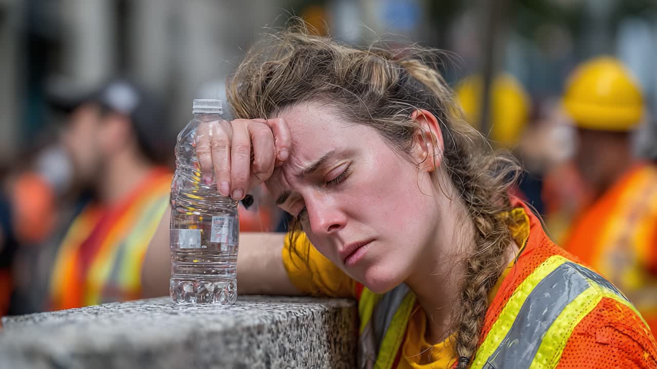 A Tired Construction Worker Takes a Break, Reflecting on the Day's Challenges, with a Water Bottle Nearby and Fellow Workers in the Background