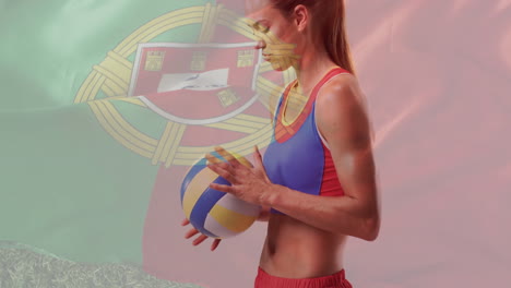 animación de la bandera de portugal sobre una jugadora de voleibol caucásica