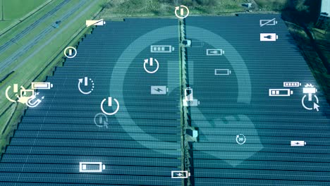 vista aérea del campo de paneles solares con gráficos de animación futuristas