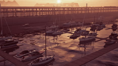 a futuristic marina with a cityscape in the background