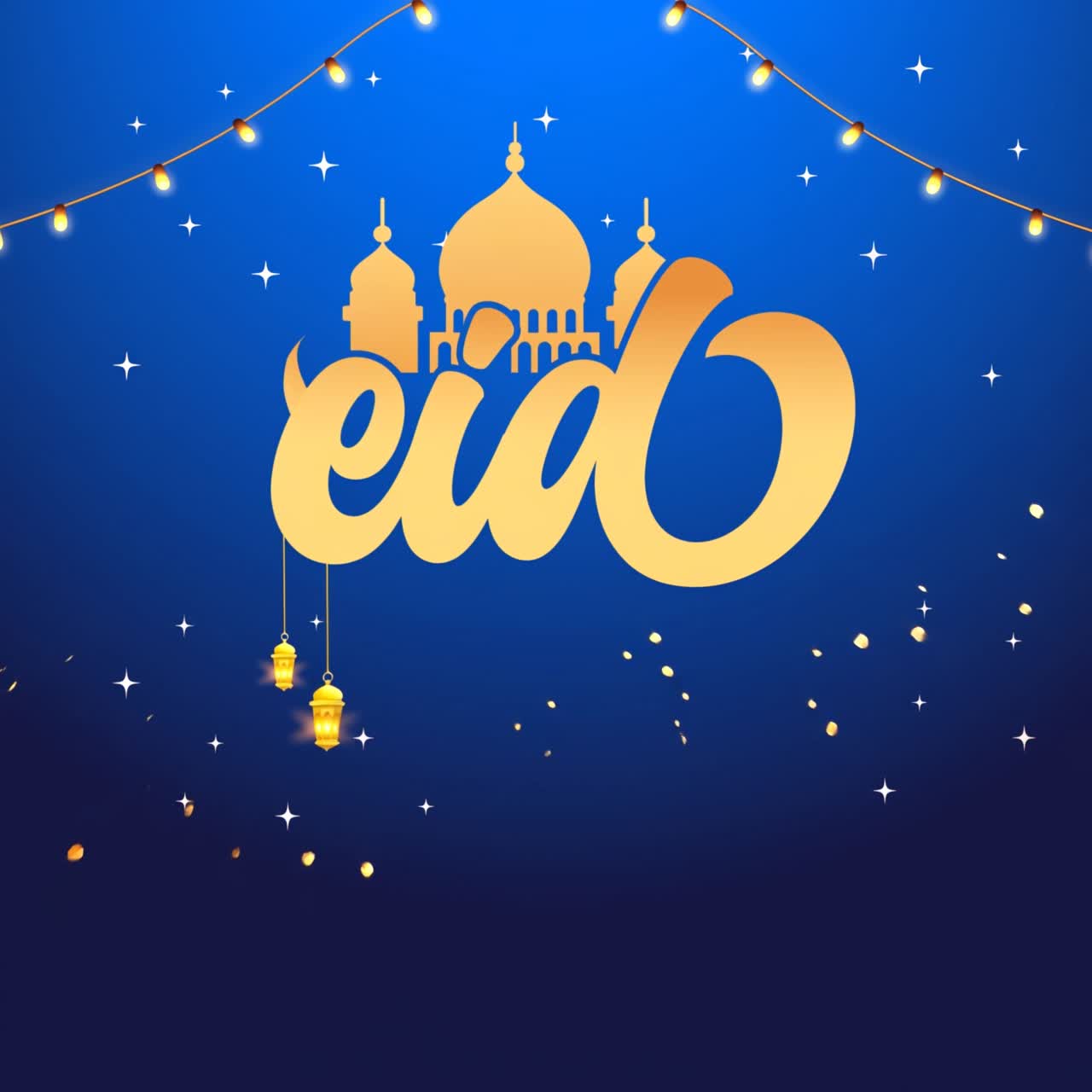Design di animazione per auguri Eid Mubarak: silhouette di moschea dorata con luna crescente e lanterne sospese che brillano su uno sfondo di cielo notturno blu.