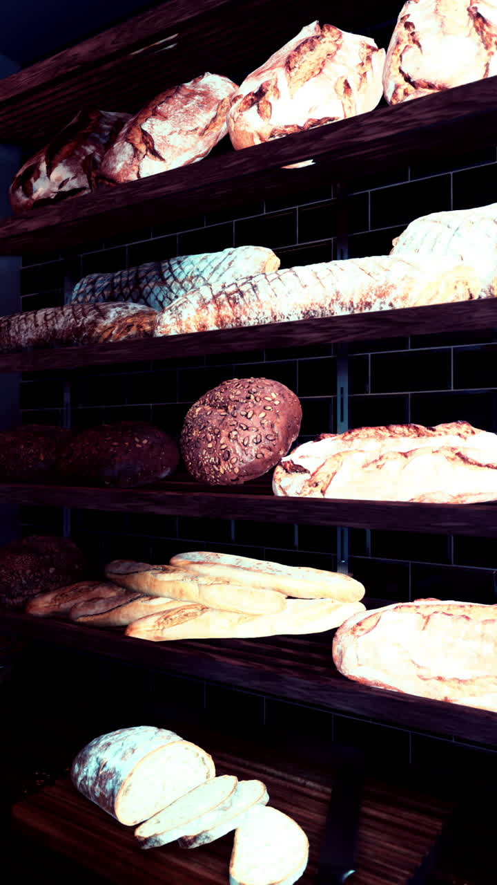 varios panes de pan en los estantes de una panadería