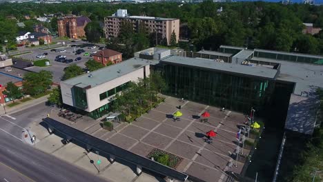 whitby public library aerial orbital shot with tilt down, ontario, canada