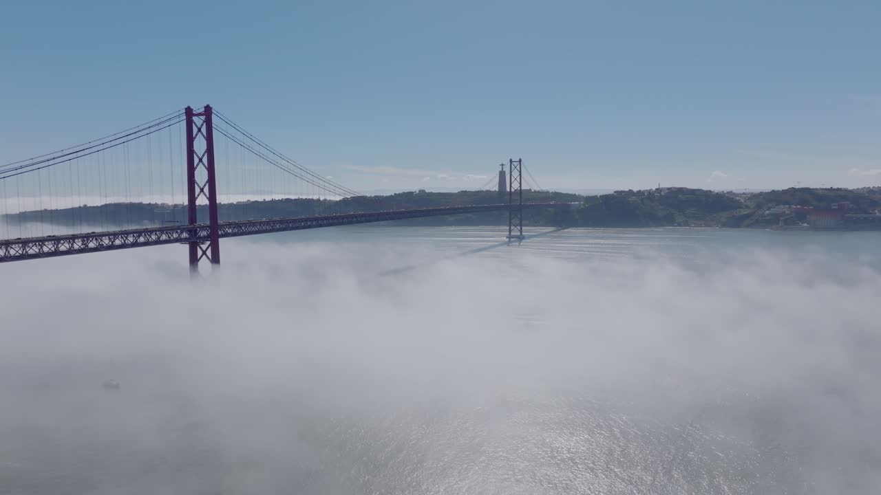 Drone shot of bridge in Fog.