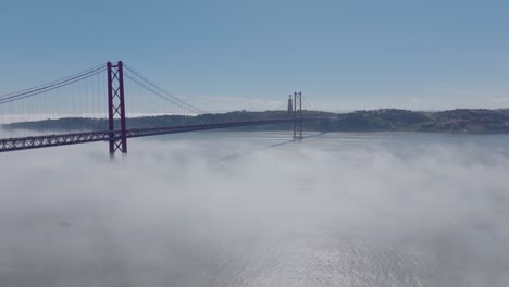 drone shot of bridge in fog.