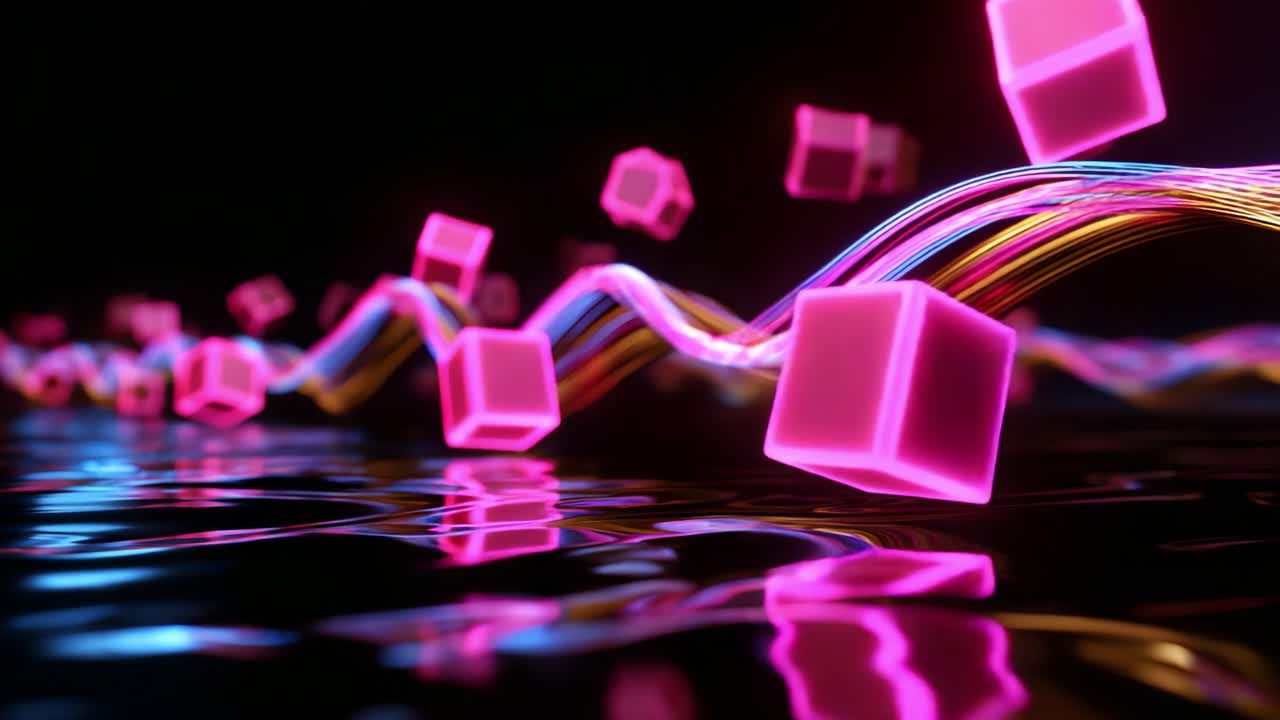 A Futuristic Visual Odyssey Featuring Floating Neon Cubes and Dynamic Waves, Capturing the Essence of Abstract Digital Art in a Mesmerizing Display of Color and Light Reflections on Water Surface