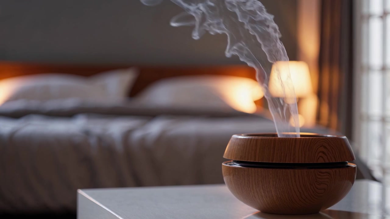 Máy khuếch tán tinh dầu tỏa sương trong phòng ngủ ấm cúng