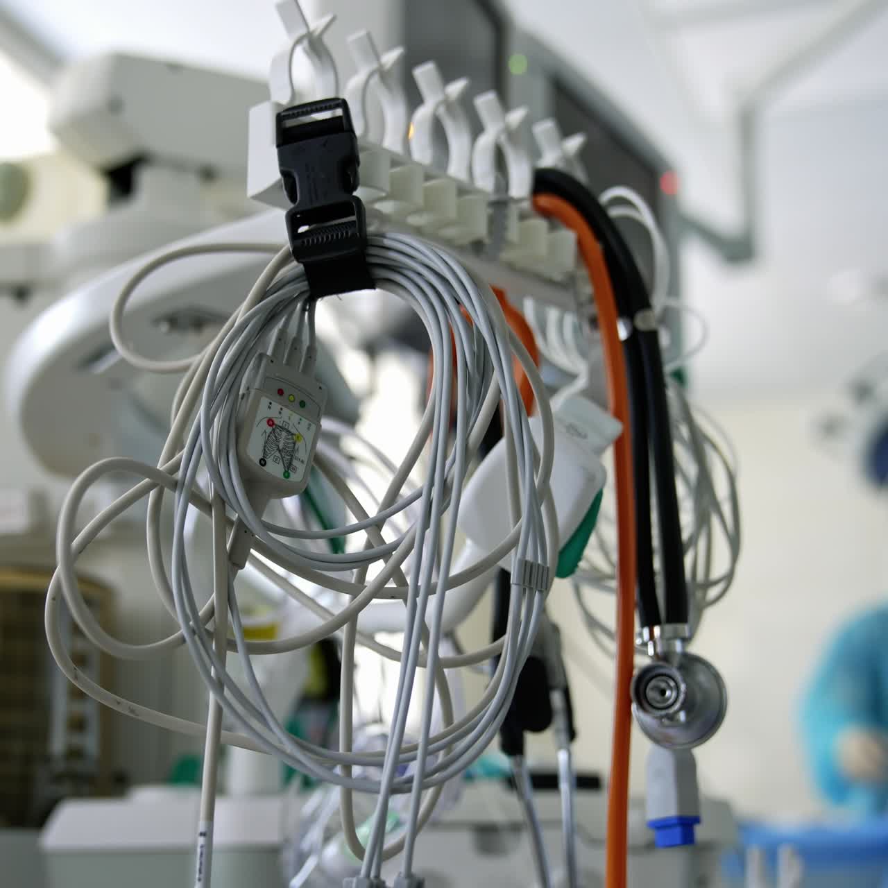 Medical appliances in the intensive care unit. Different surgical equipment and artificial lung ventilator on blurred background of operation