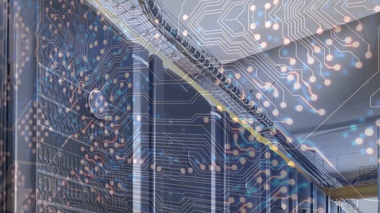 Animation of data processing with computer servers over computer circuit board