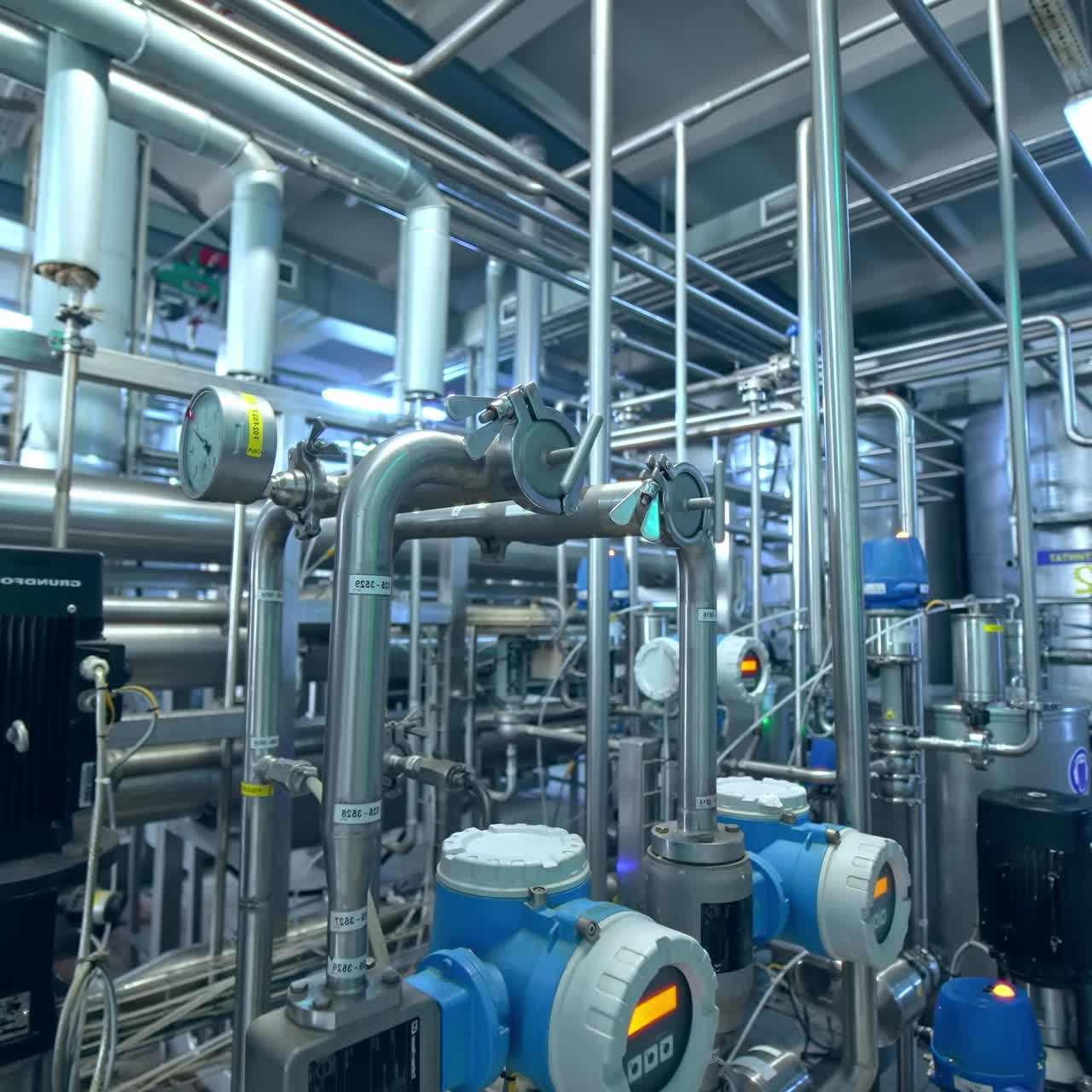 Production of yogurt and milk at dairy factory, industrial equipment for filling plastic cups and bottles