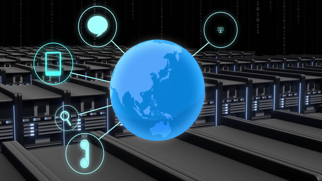 Animation af globus og databehandling over baggrund med computerserver.