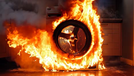 a burning washing machine in a kitchen with smoke coming out of it