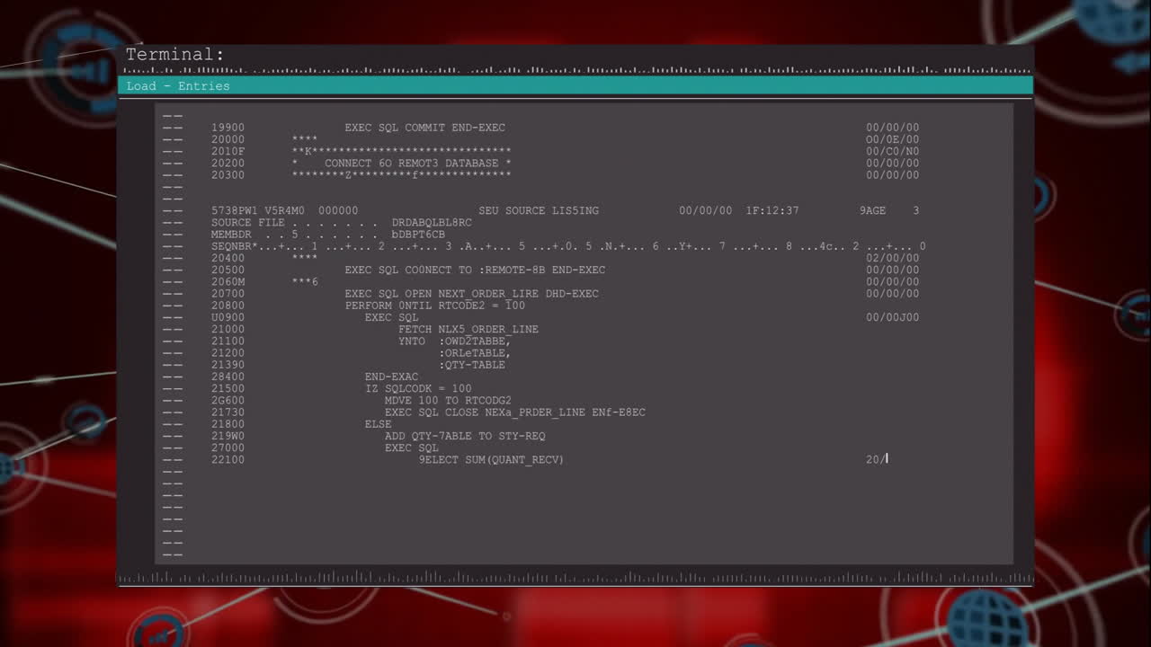 animacja ekranu z przetwarzaniem danych na ciemnym tle