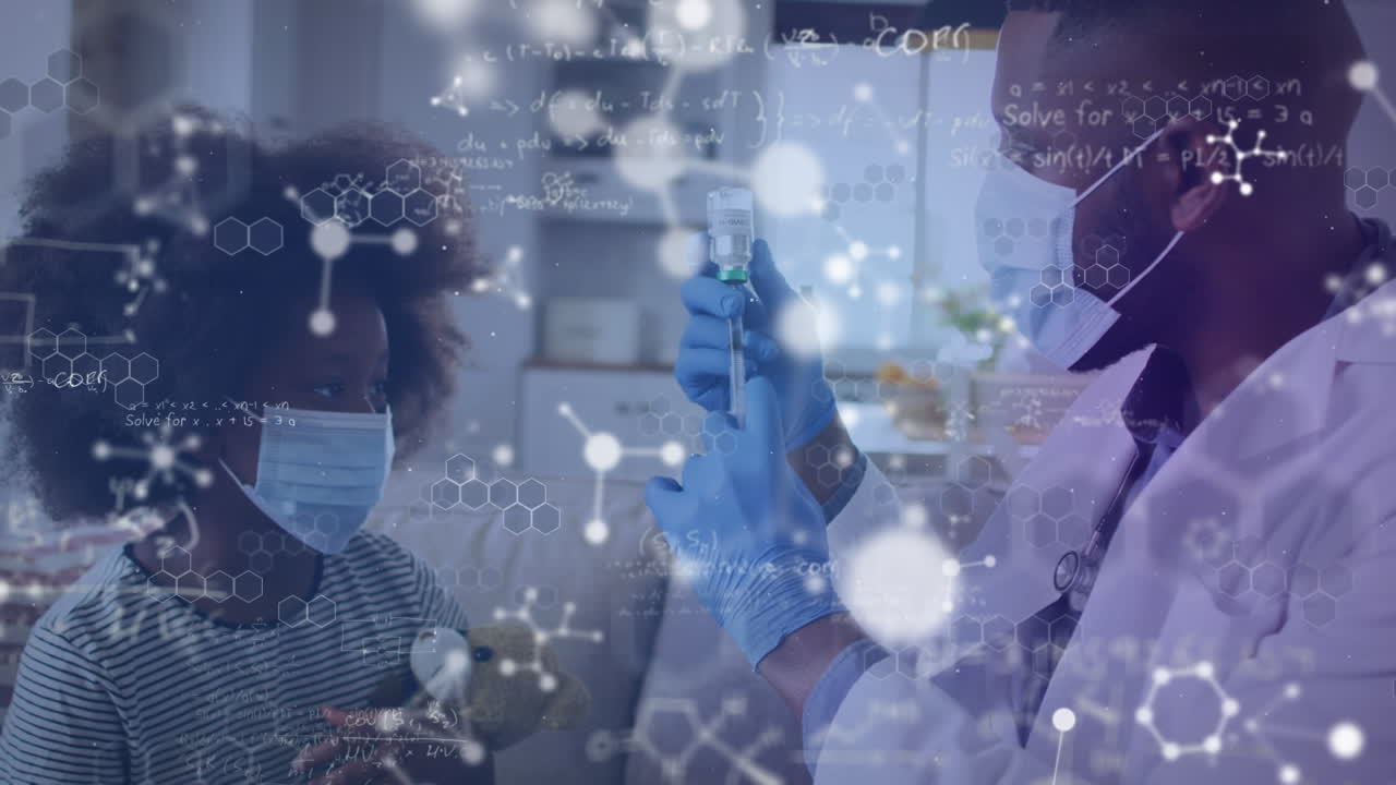 Animation of molecules and mathematical equations over african american doctor and patient