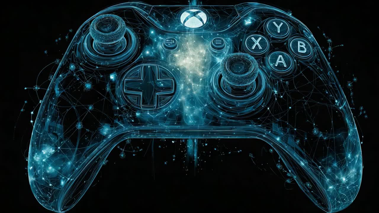 Exploring the Intricate Digital Design of a Gaming Controller Illuminated by Futuristic Blue Light and Connected Network, Showcasing Modern Gaming Technology