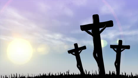 animation of silhouettes of three christian crosses with cloudy sky in background