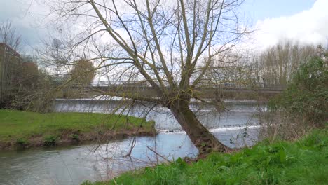 4K-river-tone-in-the-town-of-Taunton-Somerset,-blue-sky-background