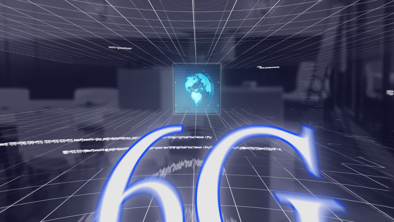animación de procesamiento de datos y texto 6g con globo sobre la oficina