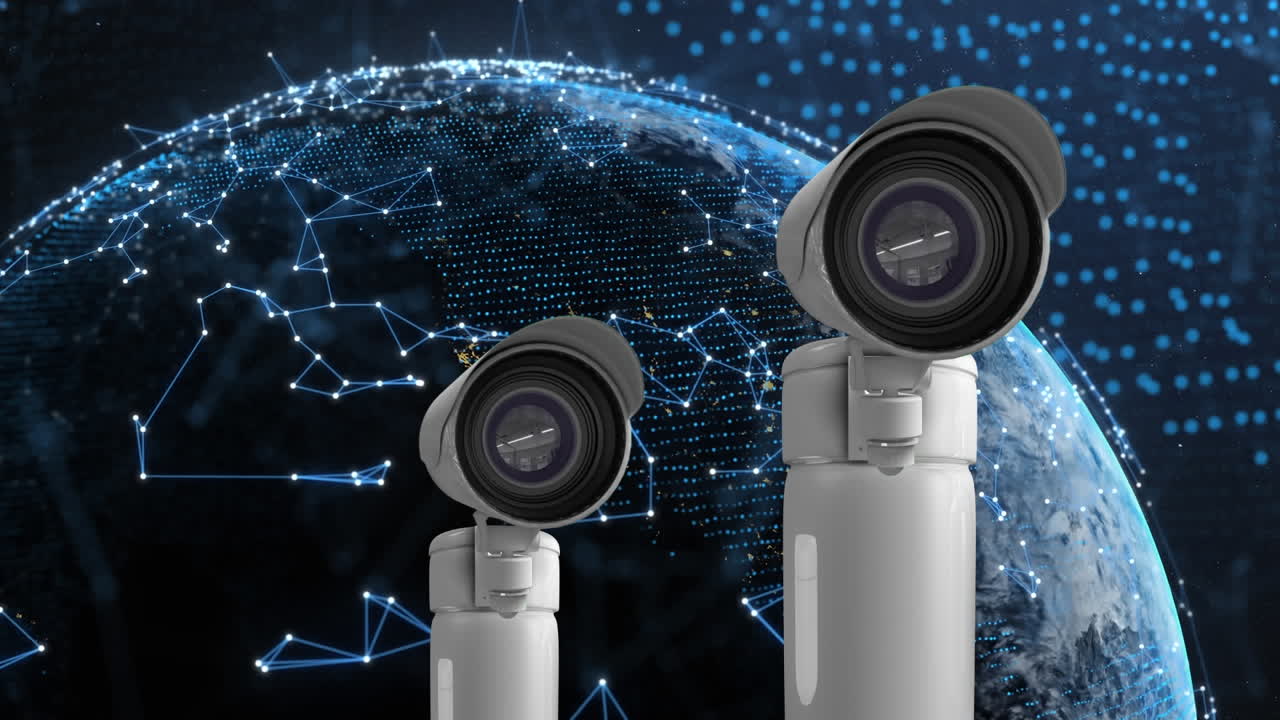 Animation of globe with network of connections and moving surveillance cameras