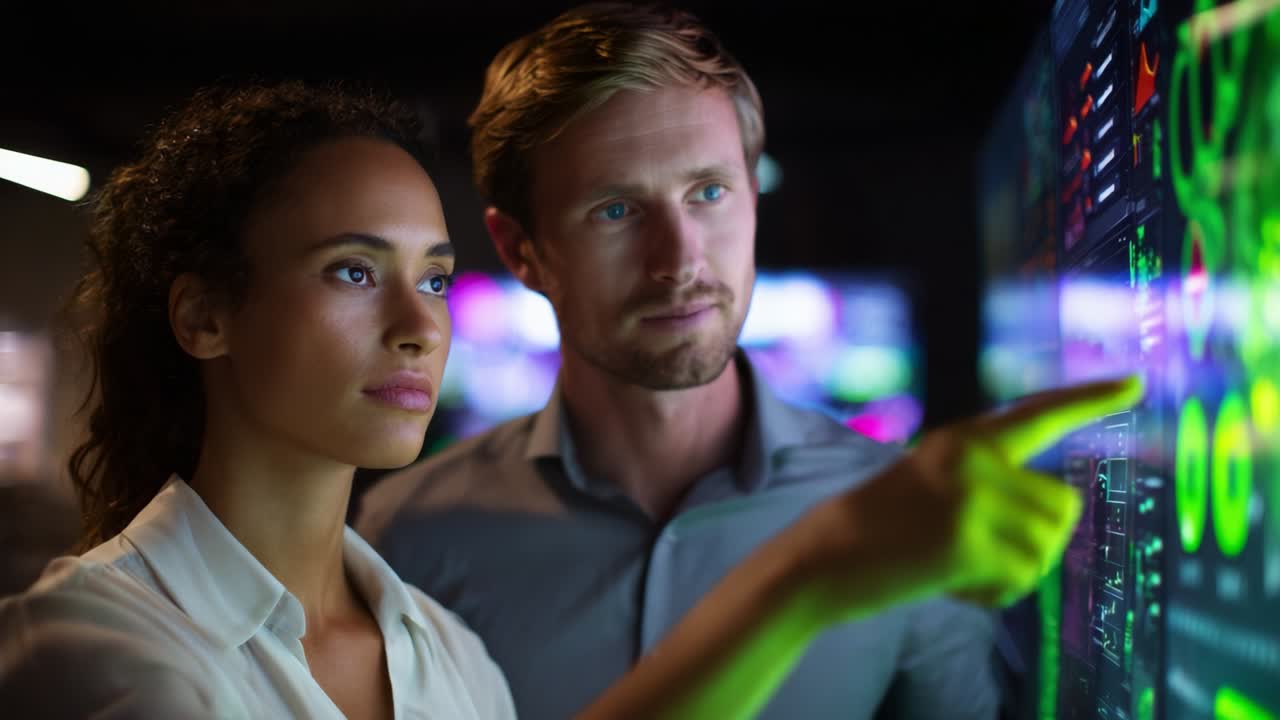 Two professionals engaged in a deep analysis of data insights presented on a digital display screen, showcasing collaboration and teamwork in a high-tech workspace focused on innovation and strategy