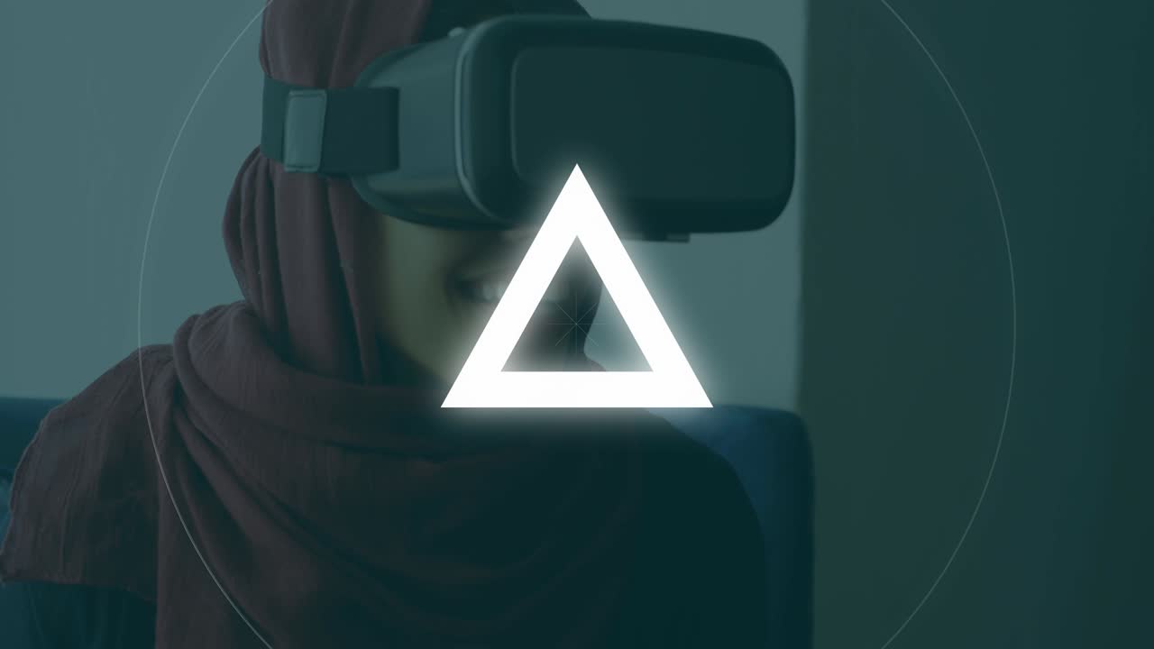 Animation of circles and triangles pulsating over woman wearing vr headset