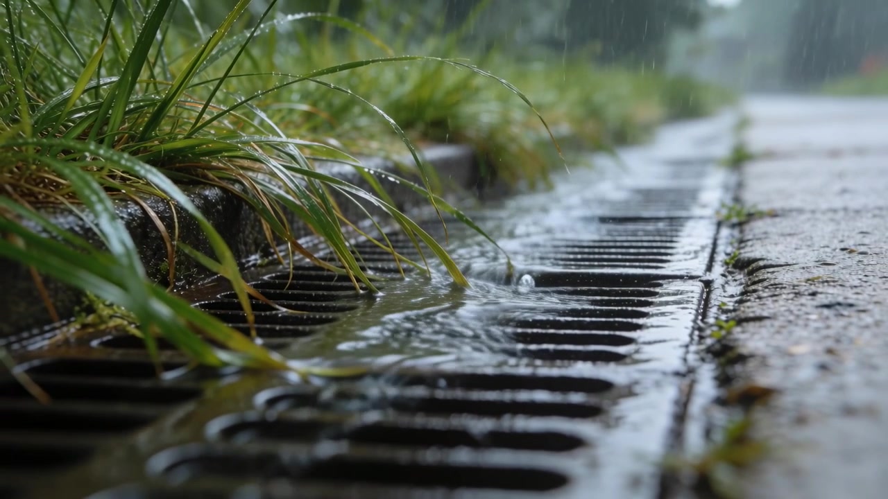 Flowing rainwater from steady shower channeling over metal grate beside sidewalk, bending grass