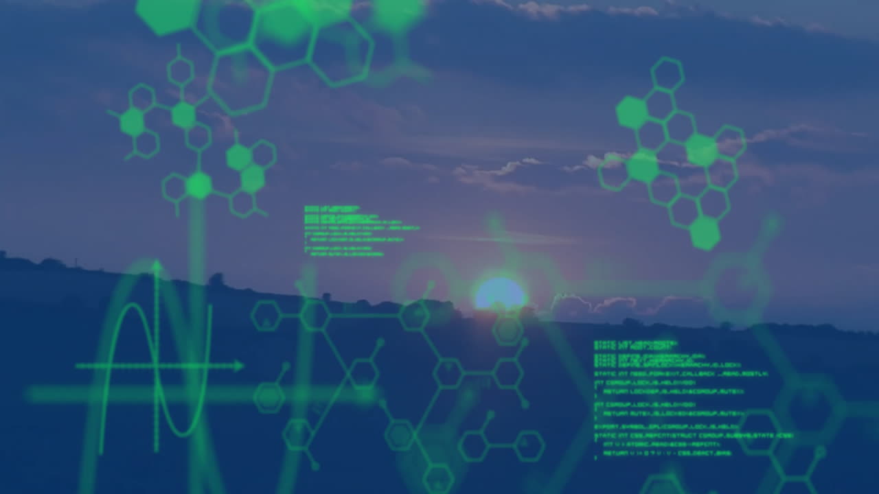 sun sinking behind rolling hills, digital green hexagon network and sine waveform graphs floating