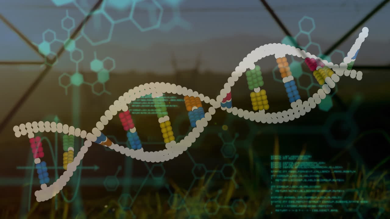 DNA strand with binary coding, processing scientific data in animation style