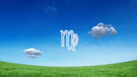 animation of virgo star zodiac sign formed with white clouds on blue sky over meadow