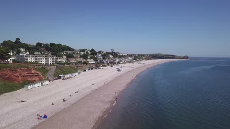 An-aerial-view-of-the-beautiful-pebble-beaches-of-Budleigh-Salterton,-a-small-town-on-the-Jurassic-Coast-in-East-Devon,-England-near-Exeter