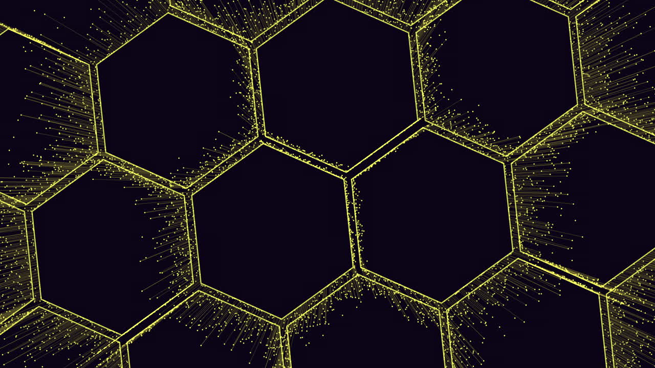 gran patrón de hexágonos de neón con pequeños puntos y líneas de movimiento