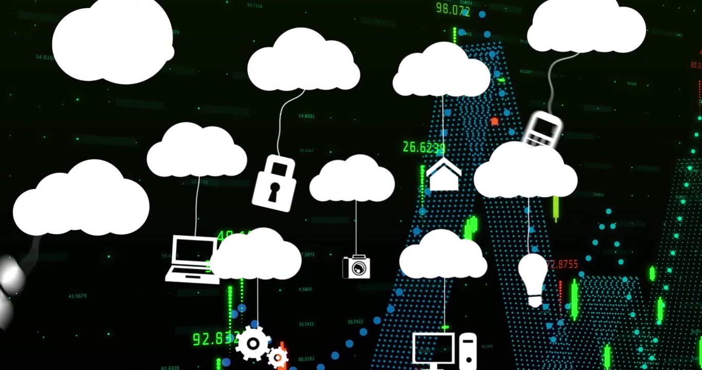 Animation of clouds with icons over data processing on black background