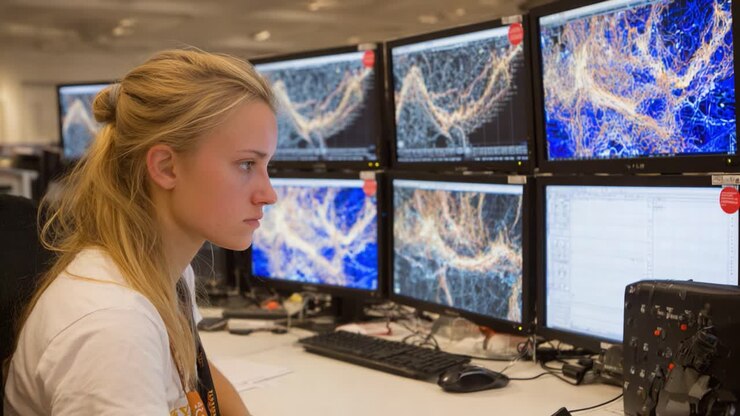Analisi mirata: giovane ricercatore impegnato con la visualizzazione dei dati su più monitor in un ambiente high-tech