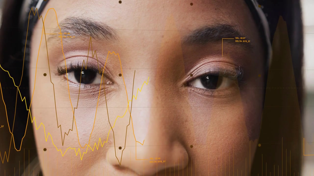 Woman wearing headphones opening eyes, tracking dots and graphs shifting across face for biometrics