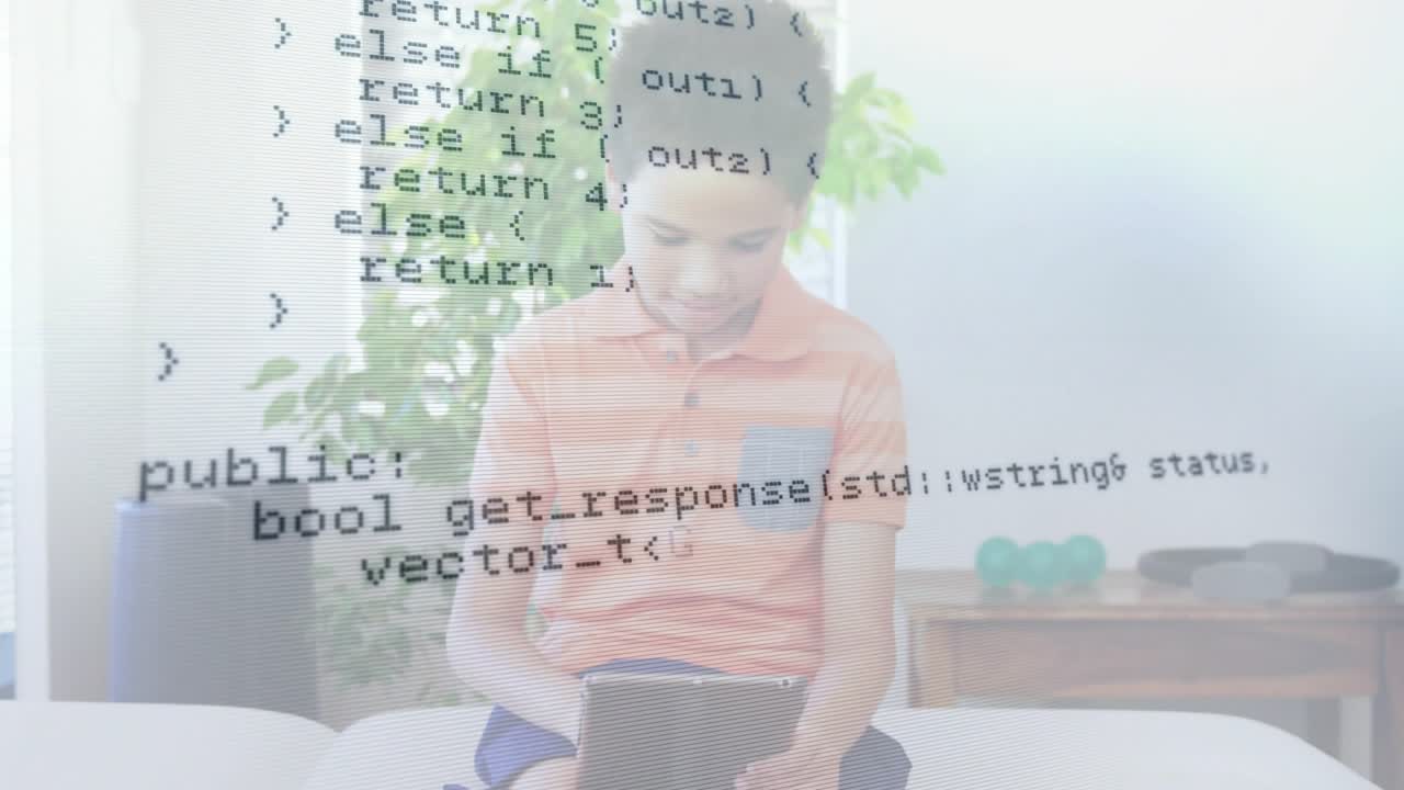 Boy tapping tablet and exploring IT code overlays showing HTTP request computing shape parsing data