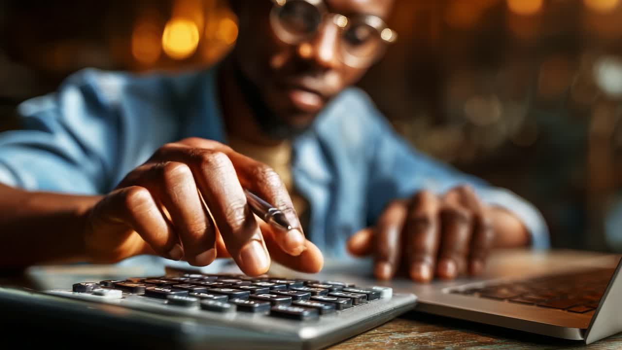 A focused individual engaged in detailed calculations using a calculator while working on a laptop, capturing the essence of productivity and modern technology in a warm ambiance
