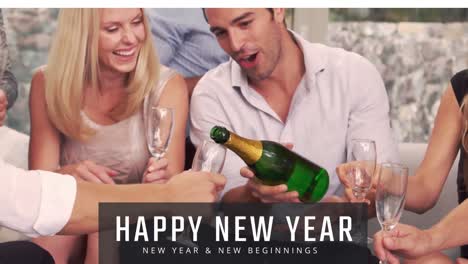 Man-pouring-champagne-into-his-friends-glasses-on-New-Year-Eve-4k