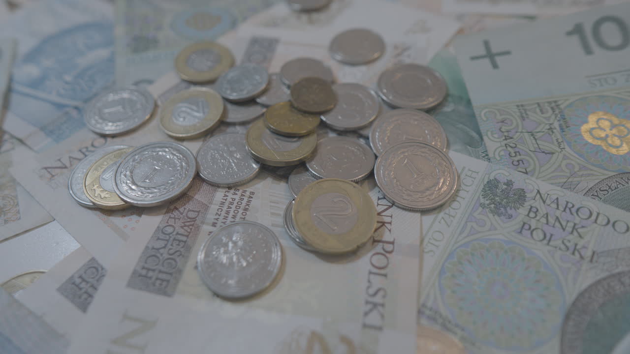 primer plano de la plataforma rodante que muestra muchos billetes y monedas de zloty polaco diferentes