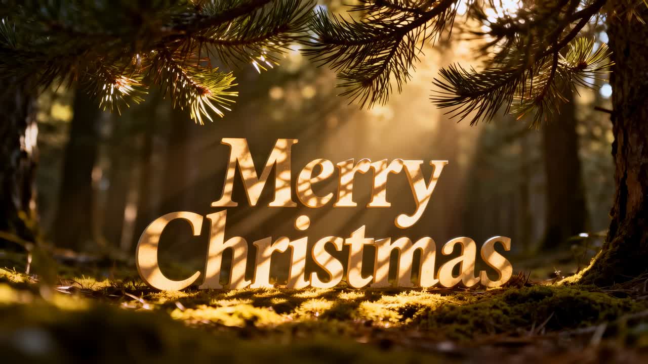 Shifting sunbeams bathing gold Merry Christmas letters on mossy forest floor, illuminating greeting