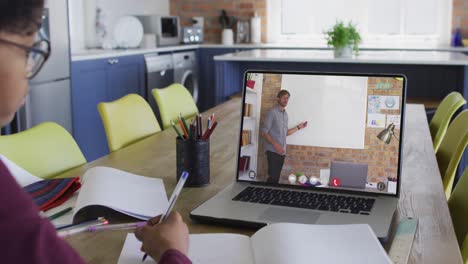 Animation-of-african-american-girl-having-online-lessons-on-laptop-at-home