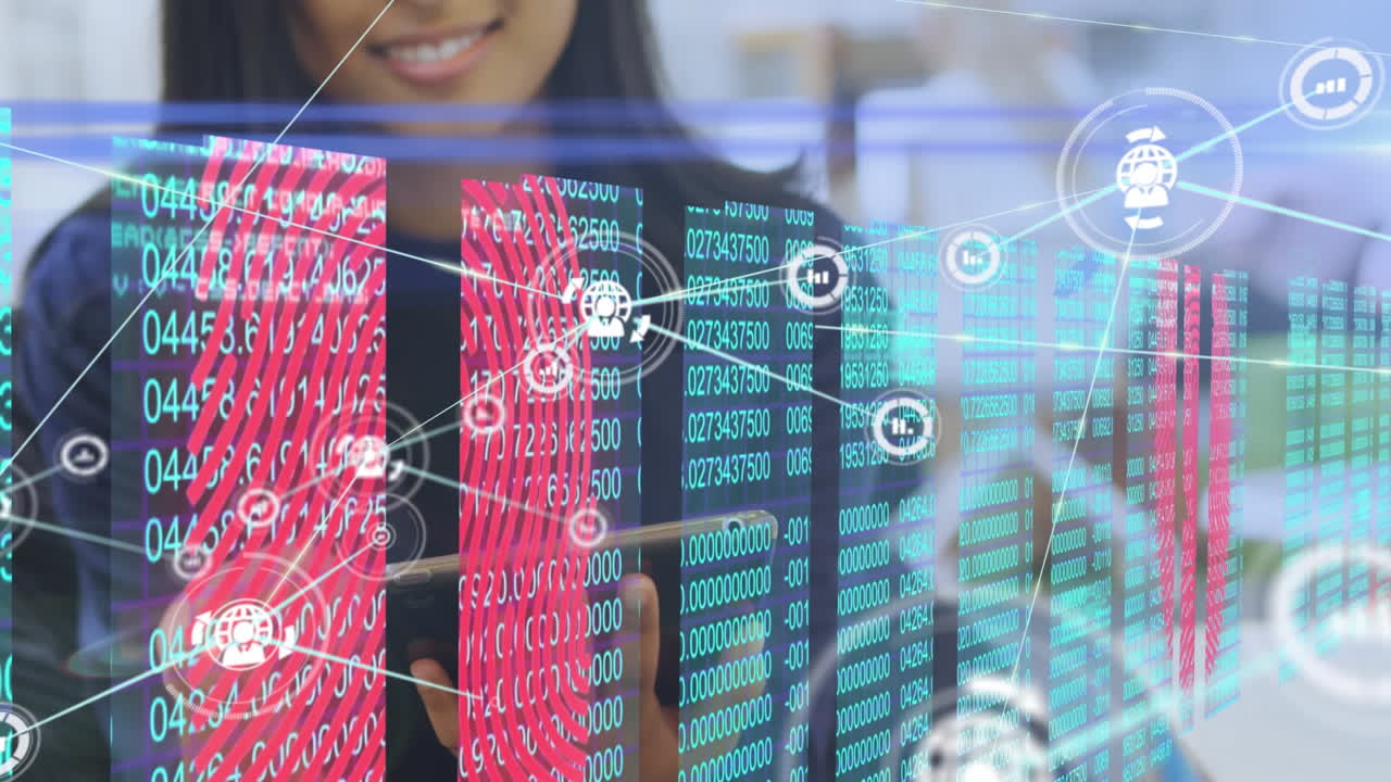 animación de la red de conexiones y procesamiento de datos sobre la mujer usando tableta