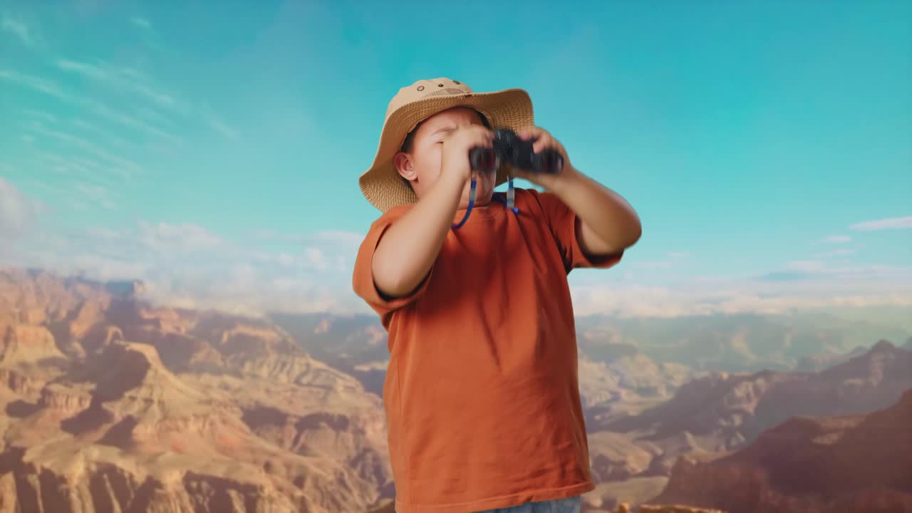Asian Boy With A Hat Standing Doubtfully And Asking Why After Looking Through The Binoculars. Boy Researcher Examines Something While Traveling At The Top Of Mountain, Travel Tourism Adventure Concept