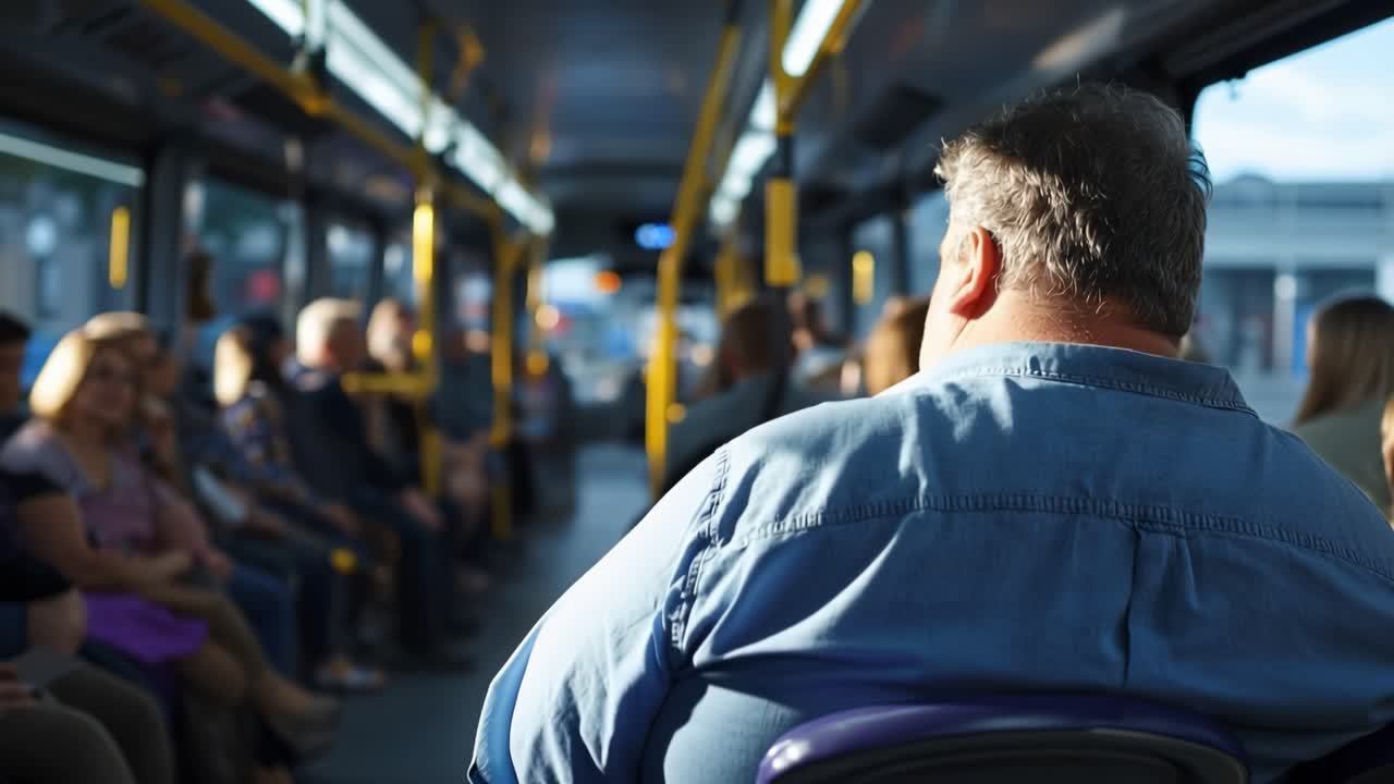 Uomo seduto su un autobus urbano, di spalle alla telecamera. Altri passeggeri seduti, sfondo sfocato. Interno dell'autobus con pali gialli e illuminazione soffusa. Viaggio tranquillo, espressioni neutre, tipico pendolarismo quotidiano.