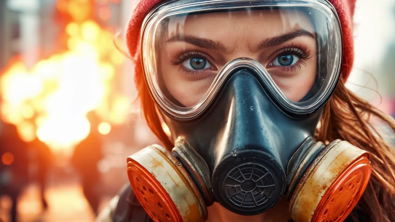 불 앞 에 가스 마스크 를 착용 한 여자