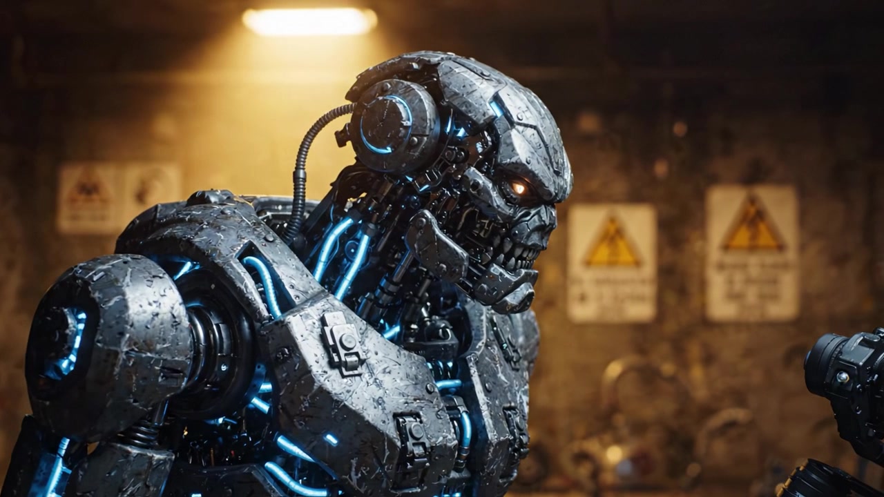 Robot cibernético futurista con gran detalle y características luminosas en un entorno industrial, mostrando tecnología avanzada y elementos de diseño.