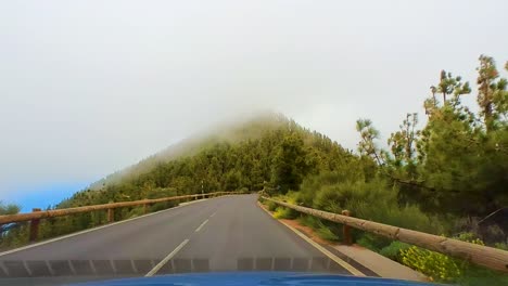 Driver-POV-Of-A-Road-With-Fog-Covering-The-Mountain-Side,-Atlantic-Ocean-On-The-Left-Side-And-Lush-Vegetation-On-The-Right,-Canary-Islands,-Tenerife,-Spain